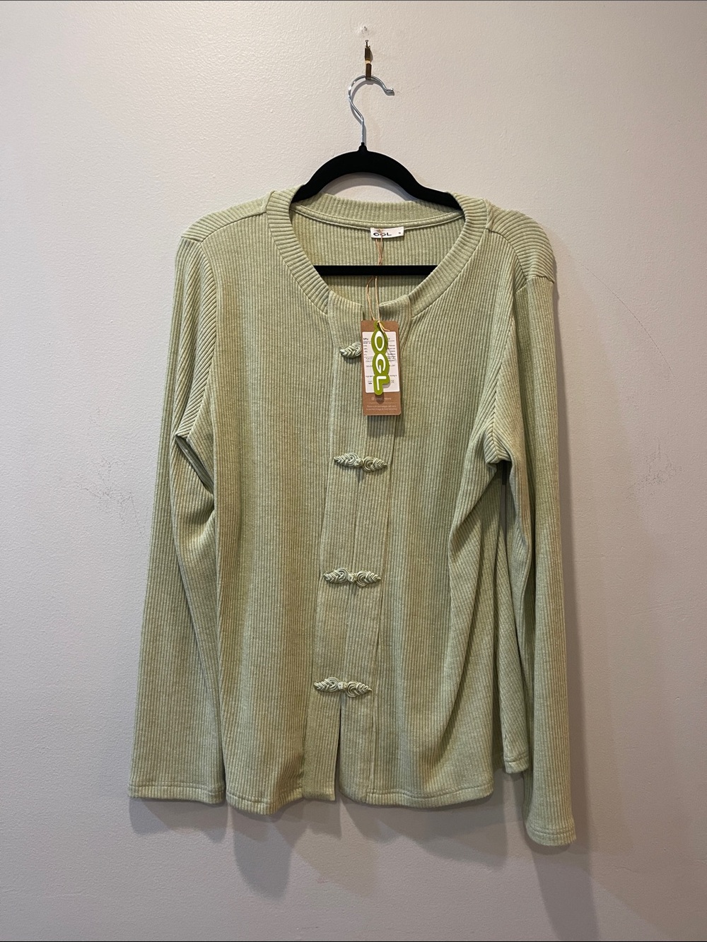 OGL Light Sage Green Ribbed Knit Cardigan